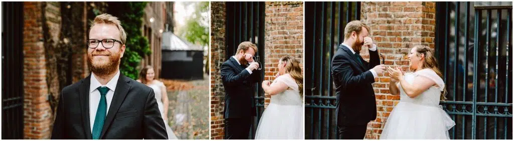 Snohomish Wedding Photographer GSquared Weddings A groom in a suit and tie awaits his bride during a firstlook moment The bride approaches and they share a joyful reaction outside next to a brick wall and metal fence The groom looks surprised and emotional as they both smile Serving Seattle Snohomish and Washington State Snohomish Wedding Photographer GSquared Weddings A groom in a suit and tie awaits his bride during a first-look moment. The bride approaches, and they share a joyful reaction outside next to a brick wall and metal fence. The groom looks surprised and emotional as they both smile. Serving Seattle, Snohomish and Washington State
