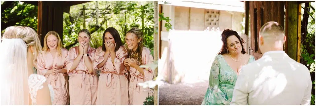 Snohomish Wedding Photographer GSquared Weddings On the left a bride shows her dress to four women in pink robes who are smiling and covering their mouths On the right a woman in a green dress looks emotionally at a man outdoors Serving Seattle Snohomish and Washington State Snohomish Wedding Photographer GSquared Weddings On the left, a bride shows her dress to four women in pink robes, who are smiling and covering their mouths. On the right, a woman in a green dress looks emotionally at a man, outdoors. Serving Seattle, Snohomish and Washington State