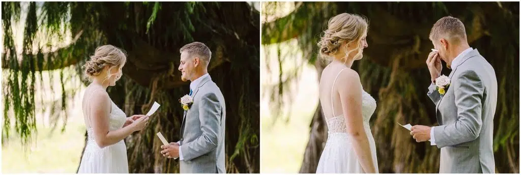 Snohomish Wedding Photographer GSquared Weddings A bride and groom stand outdoors under a tree The bride in a white lace dress reads vows while the groom in a light gray suit listens and wipes his eye Theyre exchanging heartfelt moments in a serene natural setting Serving Seattle Snohomish and Washington State Snohomish Wedding Photographer GSquared Weddings A bride and groom stand outdoors under a tree. The bride, in a white lace dress, reads vows while the groom, in a light gray suit, listens and wipes his eye. Theyre exchanging heartfelt moments in a serene natural setting. Serving Seattle, Snohomish and Washington State