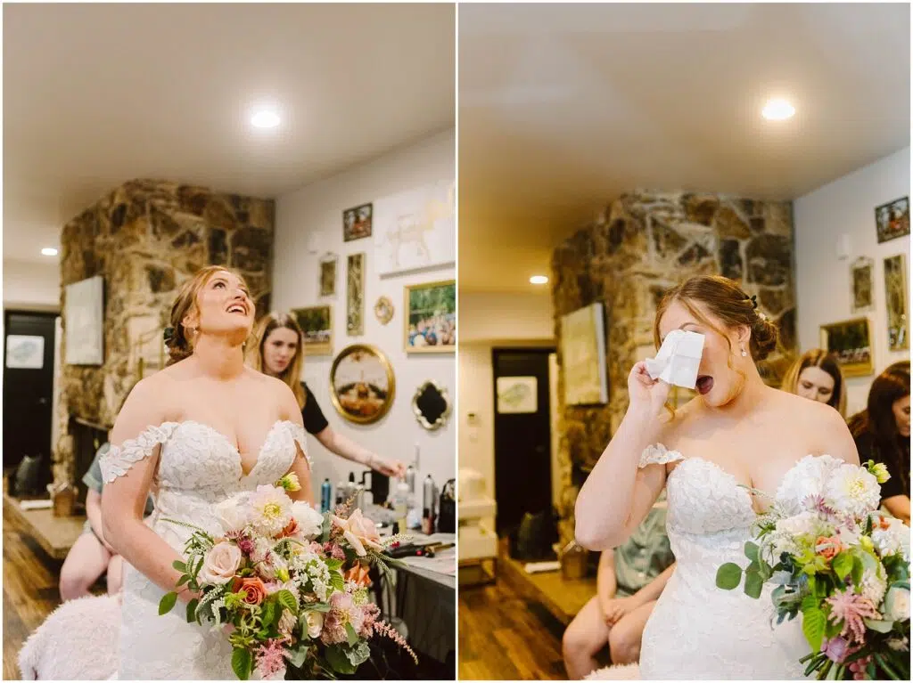 Snohomish Wedding Photographer GSquared Weddings A bride in a white gown is smiling while holding a colorful bouquet Another image shows her wiping her tears with a tissue She is surrounded by friends and decorative wall art in a warmly lit room Serving Seattle Snohomish and Washington State Snohomish Wedding Photographer GSquared Weddings A bride in a white gown is smiling while holding a colorful bouquet. Another image shows her wiping her tears with a tissue. She is surrounded by friends and decorative wall art in a warmly lit room. Serving Seattle, Snohomish and Washington State