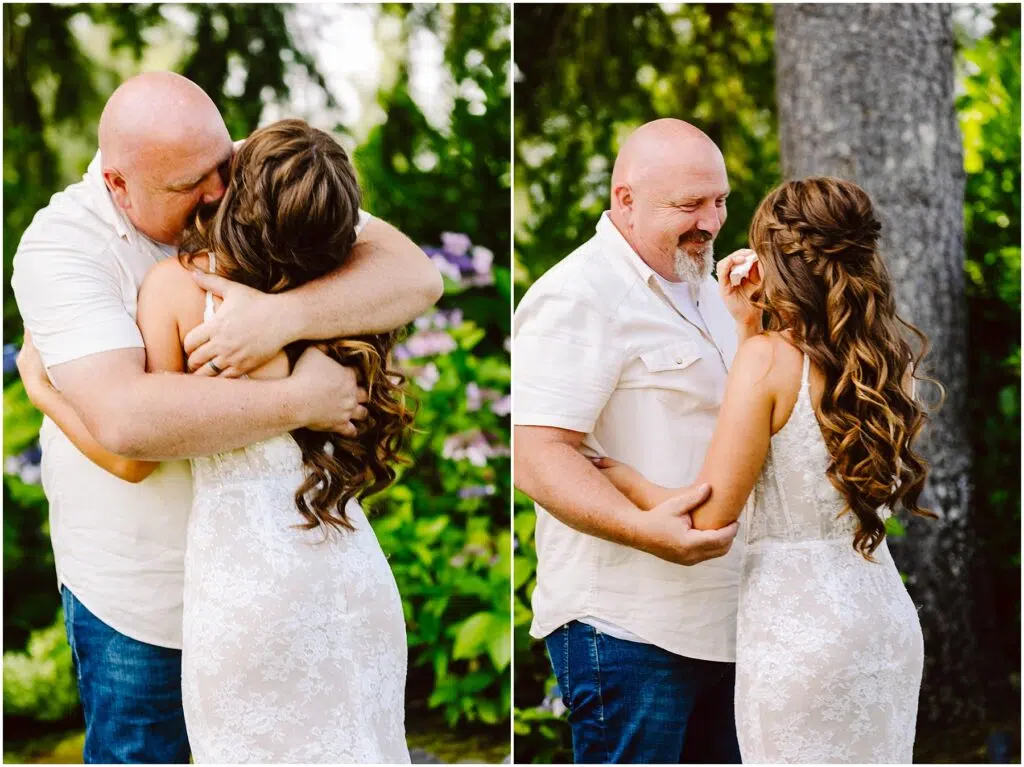 Snohomish Wedding Photographer GSquared Weddings A bald man in a white shirt embraces a woman in a white lace dress They share an emotional moment outdoors surrounded by greenery and flowers She appears to be wiping a tear Serving Seattle Snohomish and Washington State Snohomish Wedding Photographer GSquared Weddings A bald man in a white shirt embraces a woman in a white lace dress. They share an emotional moment outdoors, surrounded by greenery and flowers. She appears to be wiping a tear. Serving Seattle, Snohomish and Washington State