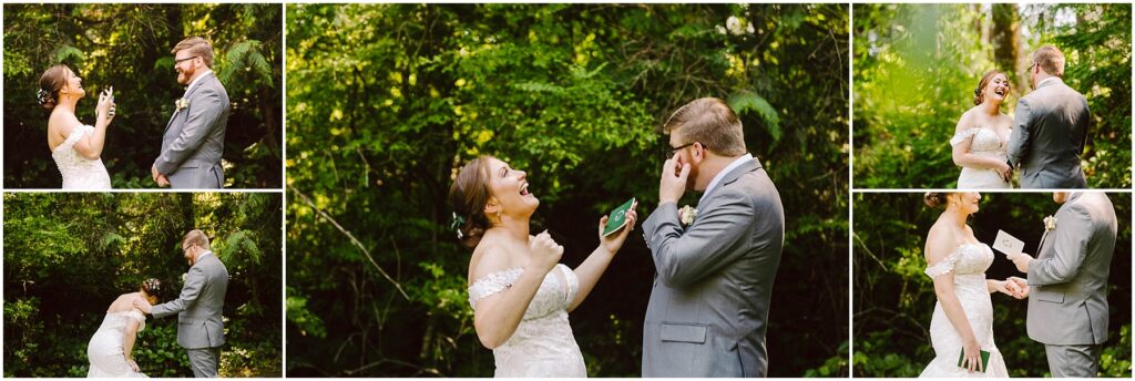 Snohomish wedding photographer gsquared weddings a bride and groom stand outdoors in a green wooded area Both are laughing and exchanging handwritten letters The bride is in a white off-shoulder dress and the groom is in a gray suit They appear joyful and emotional in the series of images Serving seattle snohomish and washington state Snohomish wedding photographer gsquared weddings a bride and groom stand outdoors in a green wooded area Both are laughing and exchanging handwritten letters The bride is in a white off shoulder dress and the groom is in a gray suit They appear joyful and emotional in the series of images Serving seattle snohomish and washington state