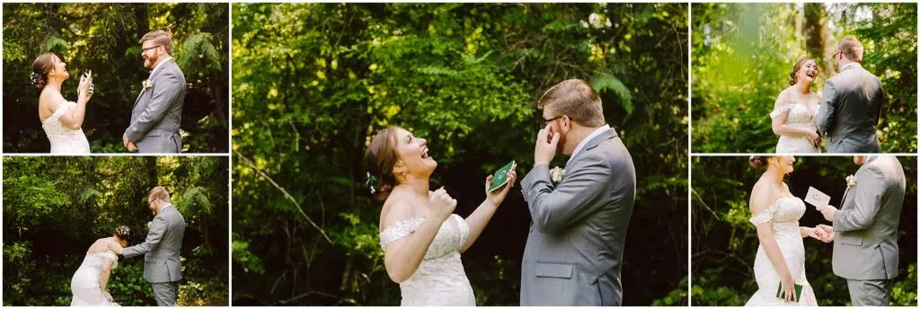 Snohomish Wedding Photographer GSquared Weddings A bride and groom stand outdoors in a green wooded area Both are laughing and exchanging handwritten letters The bride is in a white offshoulder dress and the groom is in a gray suit They appear joyful and emotional in the series of images Serving Seattle Snohomish and Washington State Snohomish Wedding Photographer GSquared Weddings A bride and groom stand outdoors in a green, wooded area. Both are laughing and exchanging handwritten letters. The bride is in a white, off-shoulder dress, and the groom is in a gray suit. They appear joyful and emotional in the series of images. Serving Seattle, Snohomish and Washington State