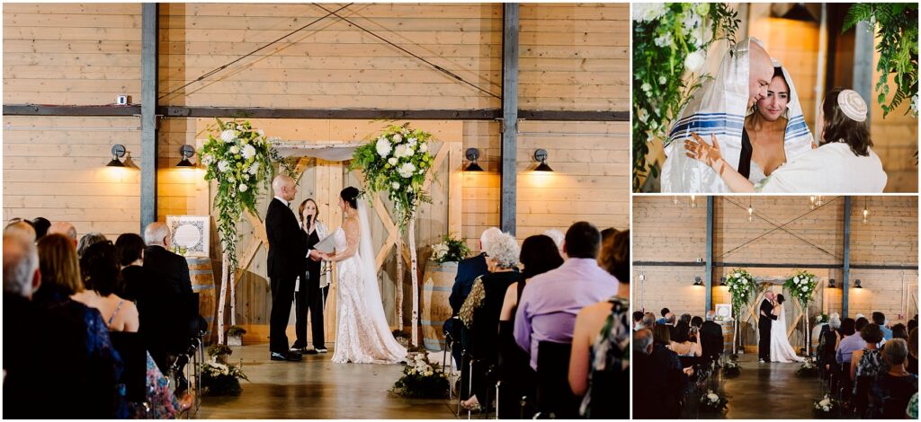 Snohomish Wedding Photographer GSquared Weddings A wedding ceremony in a rustic venue with wooden walls The bride and groom stand under a floral arch Guests are seated on either side Two small photos show intimate moments between the couple under a prayer shawl and during vows Serving Seattle Snohomish and Washington State Snohomish Wedding Photographer GSquared Weddings A wedding ceremony in a rustic venue with wooden walls. The bride and groom stand under a floral arch. Guests are seated on either side. Two small photos show intimate moments between the couple under a prayer shawl and during vows. Serving Seattle, Snohomish and Washington State