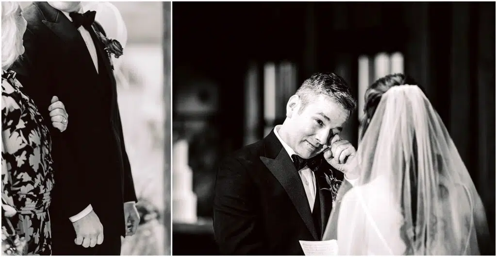 Snohomish Wedding Photographer GSquared Weddings Left image A closeup of a couple holding hands the man in a tuxedo and the woman in a patterned dress Right image A groom in a tuxedo and bow tie wipes a tear while a bride in a veil reads from a paper both in an emotional moment Serving Seattle Snohomish and Washington State Snohomish Wedding Photographer GSquared Weddings Left image: A close-up of a couple holding hands, the man in a tuxedo and the woman in a patterned dress. Right image: A groom in a tuxedo and bow tie wipes a tear while a bride in a veil reads from a paper, both in an emotional moment. Serving Seattle, Snohomish and Washington State