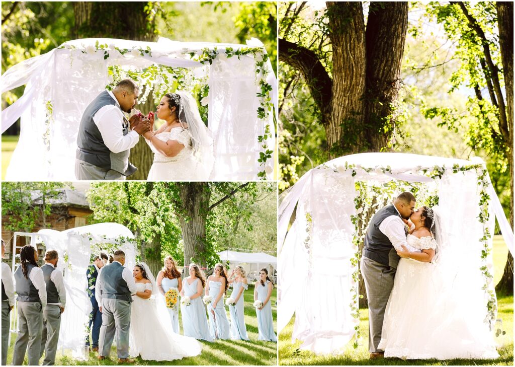 Snohomish Wedding Photographer GSquared Weddings Collage of wedding ceremony images A couple exchanges vows under a floral arch accompanied by bridesmaids in blue dresses and groomsmen The setting is a lush sunlit outdoor area with trees and greenery Serving Seattle Snohomish and Washington State Snohomish Wedding Photographer GSquared Weddings Collage of wedding ceremony images. A couple exchanges vows under a floral arch, accompanied by bridesmaids in blue dresses and groomsmen. The setting is a lush, sunlit outdoor area with trees and greenery. Serving Seattle, Snohomish and Washington State