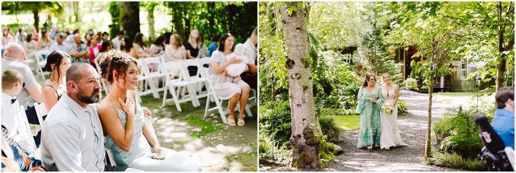 Snohomish Wedding Photographer GSquared Weddings The image shows a wedding ceremony outdoors On the left guests are seated with some looking emotional On the right two women in elegant dresses walk down a lush garden path one holding a bouquet Serving Seattle Snohomish and Washington State Snohomish Wedding Photographer GSquared Weddings The image shows a wedding ceremony outdoors. On the left, guests are seated, with some looking emotional. On the right, two women in elegant dresses walk down a lush garden path, one holding a bouquet. Serving Seattle, Snohomish and Washington State