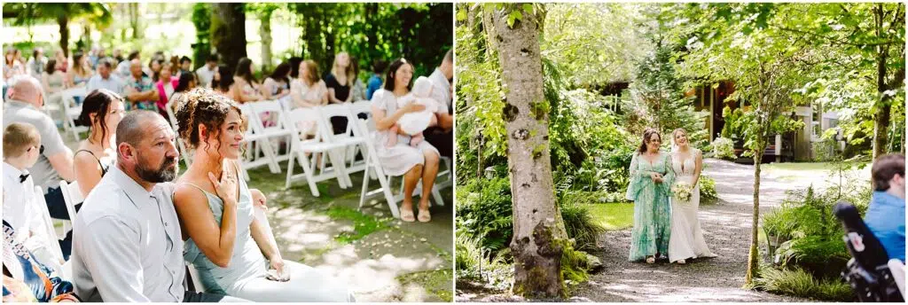 Snohomish Wedding Photographer GSquared Weddings The image shows a wedding ceremony outdoors On the left guests are seated with some looking emotional On the right two women in elegant dresses walk down a lush garden path one holding a bouquet Serving Seattle Snohomish and Washington State Snohomish Wedding Photographer GSquared Weddings The image shows a wedding ceremony outdoors. On the left, guests are seated, with some looking emotional. On the right, two women in elegant dresses walk down a lush garden path, one holding a bouquet. Serving Seattle, Snohomish and Washington State