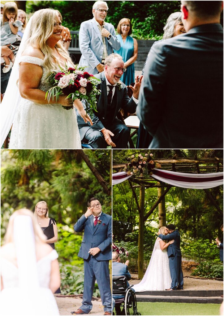 Snohomish Wedding Photographer GSquared Weddings A bride in a white gown walks with a bouquet accompanied by an emotional man in a wheelchair A man wipes his eye as he watches In the last panel the couple embraces under a decorated arch in a lush outdoor setting Serving Seattle Snohomish and Washington State Snohomish Wedding Photographer GSquared Weddings A bride in a white gown walks with a bouquet, accompanied by an emotional man in a wheelchair. A man wipes his eye as he watches. In the last panel, the couple embraces under a decorated arch in a lush outdoor setting. Serving Seattle, Snohomish and Washington State