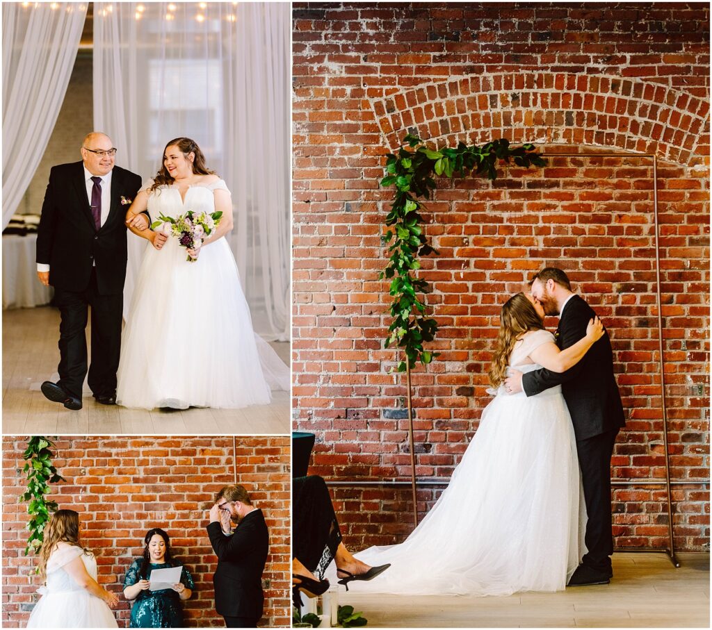 Snohomish Wedding Photographer GSquared Weddings A bride in a white gown and a groom in a black suit have their ceremony against a brick wall adorned with green foliage They share a kiss An older man walks the bride and a woman reads from a paper standing by the couple Serving Seattle Snohomish and Washington State Snohomish Wedding Photographer GSquared Weddings A bride in a white gown and a groom in a black suit have their ceremony against a brick wall adorned with green foliage. They share a kiss. An older man walks the bride, and a woman reads from a paper, standing by the couple. Serving Seattle, Snohomish and Washington State