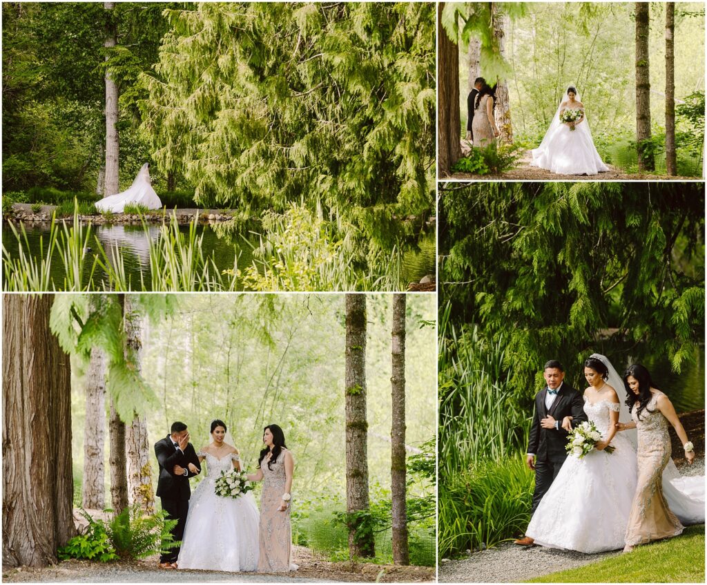 Snohomish Wedding Photographer GSquared Weddings A bride in a white gown walks through a lush green forest with two attendants holding her bouquet Another shot shows her posing by a serene pond surrounded by tall trees The atmosphere is tranquil and picturesque Serving Seattle Snohomish and Washington State Snohomish Wedding Photographer GSquared Weddings A bride in a white gown walks through a lush green forest with two attendants, holding her bouquet. Another shot shows her posing by a serene pond surrounded by tall trees. The atmosphere is tranquil and picturesque. Serving Seattle, Snohomish and Washington State