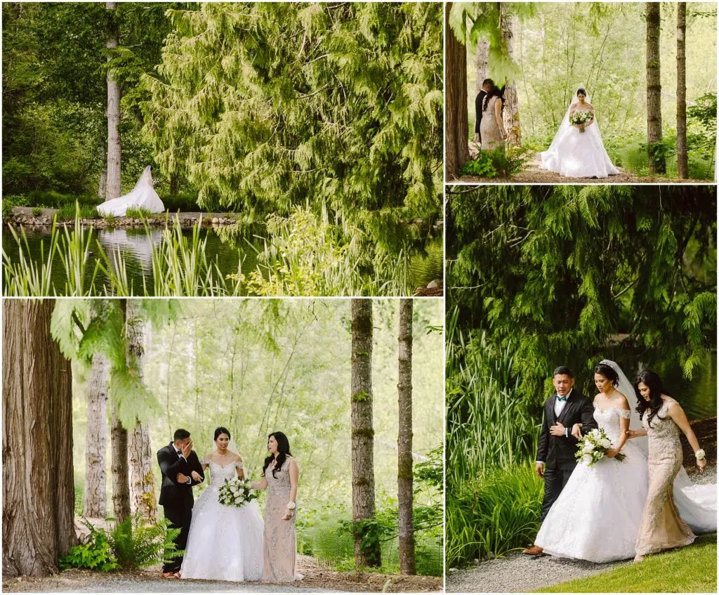 Snohomish Wedding Photographer GSquared Weddings A bride in a white gown walks through a lush green forest with two attendants holding her bouquet Another shot shows her posing by a serene pond surrounded by tall trees The atmosphere is tranquil and picturesque Serving Seattle Snohomish and Washington State Snohomish Wedding Photographer GSquared Weddings A bride in a white gown walks through a lush green forest with two attendants, holding her bouquet. Another shot shows her posing by a serene pond surrounded by tall trees. The atmosphere is tranquil and picturesque. Serving Seattle, Snohomish and Washington State