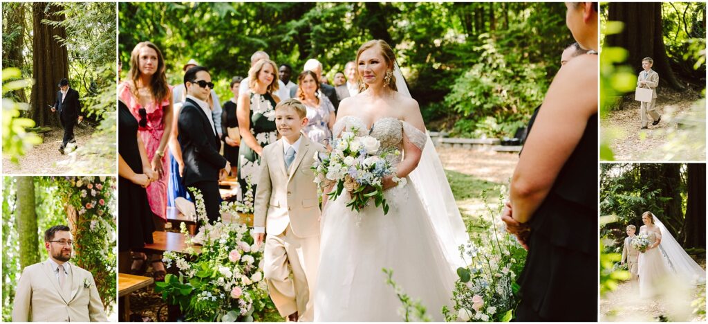 Snohomish Wedding Photographer GSquared Weddings A bride in a white gown walks down an outdoor aisle adorned with flowers accompanied by a young boy in a suit Guests stand on either side surrounded by lush greenery in a forest setting Serving Seattle Snohomish and Washington State Snohomish Wedding Photographer GSquared Weddings A bride in a white gown walks down an outdoor aisle adorned with flowers, accompanied by a young boy in a suit. Guests stand on either side, surrounded by lush greenery in a forest setting. Serving Seattle, Snohomish and Washington State