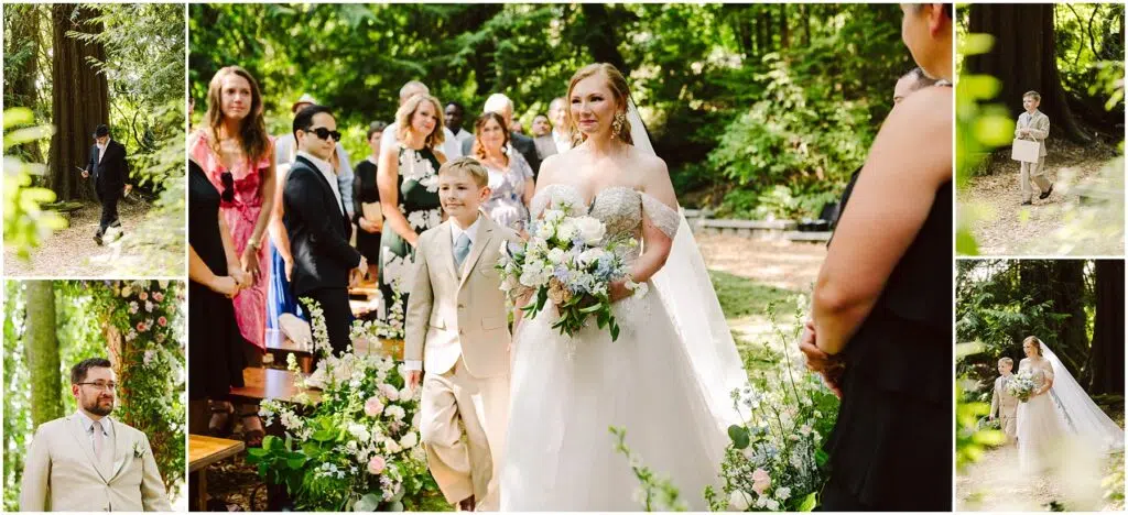 Snohomish Wedding Photographer GSquared Weddings A bride in a white gown walks down an outdoor aisle adorned with flowers accompanied by a young boy in a suit Guests stand on either side surrounded by lush greenery in a forest setting Serving Seattle Snohomish and Washington State Snohomish Wedding Photographer GSquared Weddings A bride in a white gown walks down an outdoor aisle adorned with flowers, accompanied by a young boy in a suit. Guests stand on either side, surrounded by lush greenery in a forest setting. Serving Seattle, Snohomish and Washington State