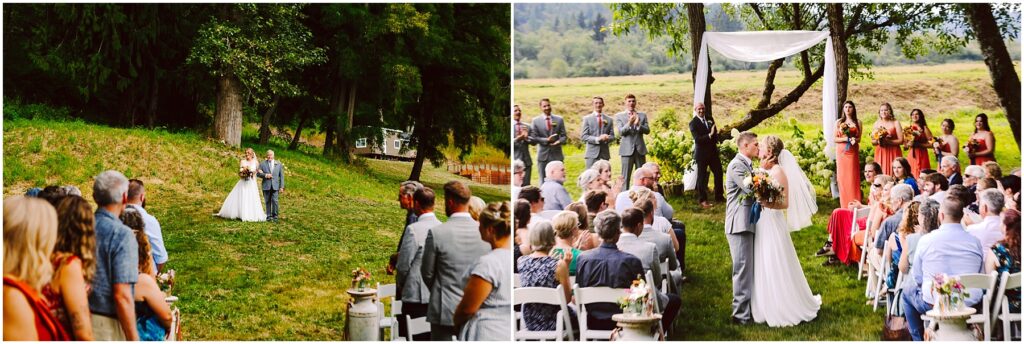 Snohomish Wedding Photographer GSquared Weddings A couple is getting married outdoors On the left they walk down a grassy hill On the right they share a kiss at the altar with guests seated on white chairs and the wedding party in the background Serving Seattle Snohomish and Washington State Snohomish Wedding Photographer GSquared Weddings A couple is getting married outdoors. On the left, they walk down a grassy hill. On the right, they share a kiss at the altar with guests seated on white chairs and the wedding party in the background. Serving Seattle, Snohomish and Washington State