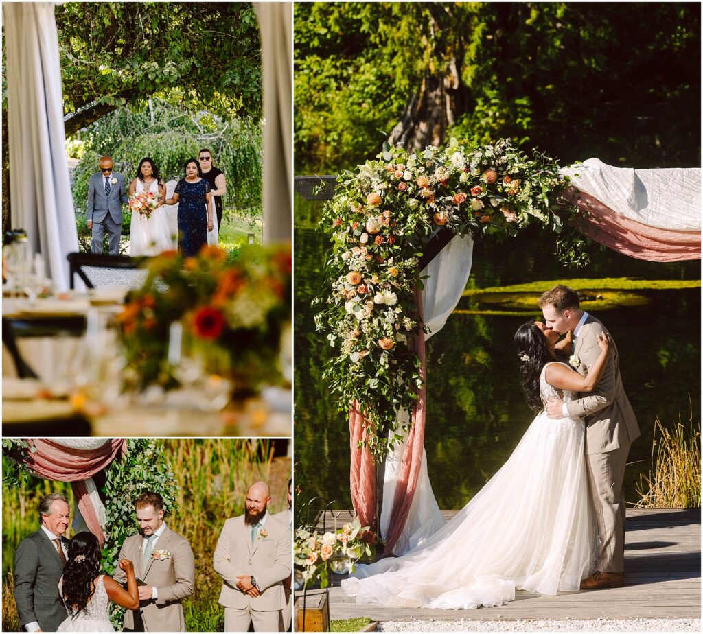 Snohomish Wedding Photographer GSquared Weddings A collage of a wedding ceremony A couple stands under a floral arch by a lake as they kiss Another photo shows the bride walking with companions Inset images capture a reception table and a moment with the officiant and groomsmen Serving Seattle Snohomish and Washington State Snohomish Wedding Photographer GSquared Weddings A collage of a wedding ceremony: A couple stands under a floral arch by a lake as they kiss. Another photo shows the bride walking with companions. Inset images capture a reception table and a moment with the officiant and groomsmen. Serving Seattle, Snohomish and Washington State