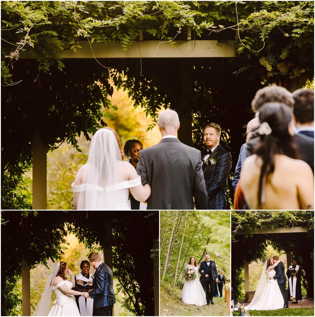 Snohomish Wedding Photographer GSquared Weddings A collage of wedding ceremony photos outdoors A couple stands under a leafy pergola exchanging vows accompanied by guests The bride wears a white dress and veil and the groom is in a blue suit The setting is lush and green Serving Seattle Snohomish and Washington State Snohomish Wedding Photographer GSquared Weddings A collage of wedding ceremony photos outdoors. A couple stands under a leafy pergola exchanging vows, accompanied by guests. The bride wears a white dress and veil, and the groom is in a blue suit. The setting is lush and green. Serving Seattle, Snohomish and Washington State
