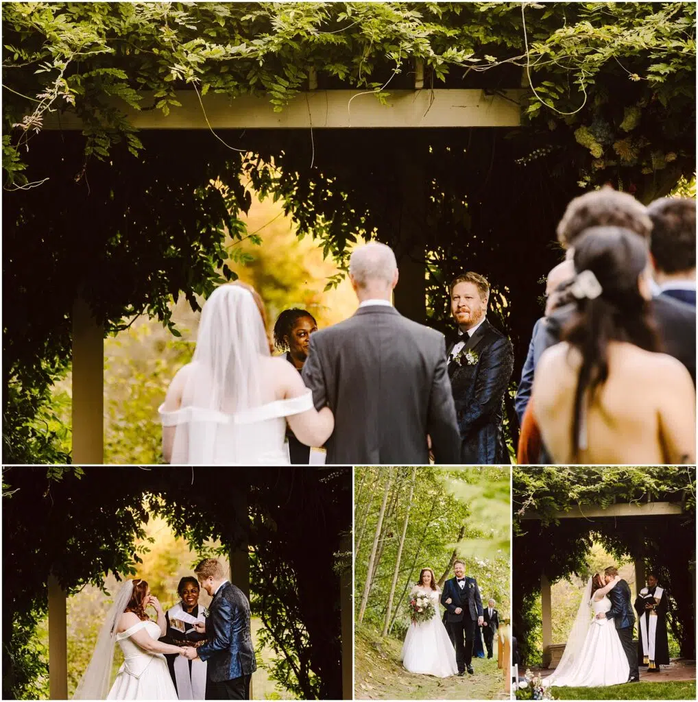 Snohomish Wedding Photographer GSquared Weddings A collage of wedding ceremony photos outdoors A couple stands under a leafy pergola exchanging vows accompanied by guests The bride wears a white dress and veil and the groom is in a blue suit The setting is lush and green Serving Seattle Snohomish and Washington State Snohomish Wedding Photographer GSquared Weddings A collage of wedding ceremony photos outdoors. A couple stands under a leafy pergola exchanging vows, accompanied by guests. The bride wears a white dress and veil, and the groom is in a blue suit. The setting is lush and green. Serving Seattle, Snohomish and Washington State