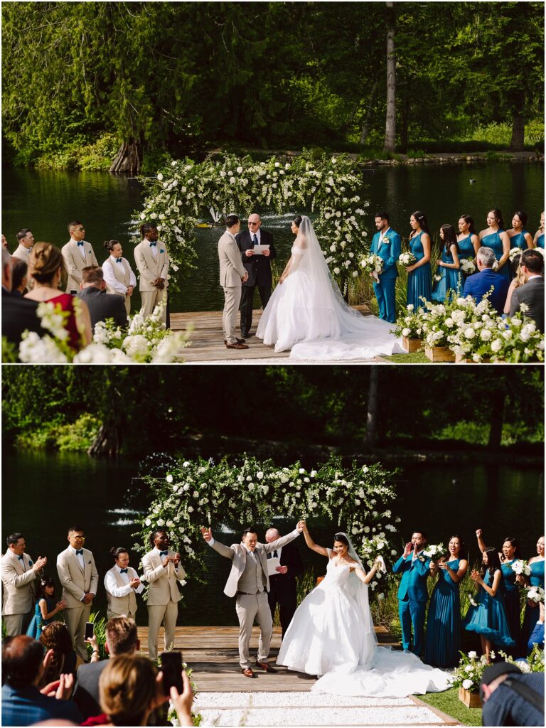 Snohomish Wedding Photographer GSquared Weddings A couple stands at an outdoor wedding ceremony on a wooden dock by a lake surrounded by lush greenery The bride in a white gown and the groom in a light suit exchange vows Bridesmaids in teal dresses and groomsmen in beige suits look on Serving Seattle Snohomish and Washington State Snohomish Wedding Photographer GSquared Weddings A couple stands at an outdoor wedding ceremony on a wooden dock by a lake, surrounded by lush greenery. The bride in a white gown and the groom in a light suit exchange vows. Bridesmaids in teal dresses and groomsmen in beige suits look on. Serving Seattle, Snohomish and Washington State