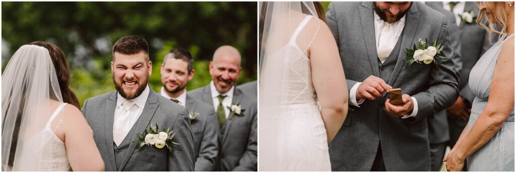 Snohomish Wedding Photographer GSquared Weddings A bride and groom are exchanging vows outdoors The groom is making a playful face in one image and in the next he is holding a ring box Both are surrounded by smiling groomsmen and a bridesmaid Serving Seattle Snohomish and Washington State Snohomish Wedding Photographer GSquared Weddings A bride and groom are exchanging vows outdoors. The groom is making a playful face in one image, and in the next, he is holding a ring box. Both are surrounded by smiling groomsmen and a bridesmaid. Serving Seattle, Snohomish and Washington State