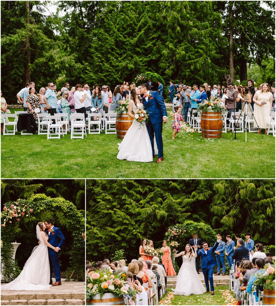Snohomish Wedding Photographer GSquared Weddings A wedding ceremony in a lush outdoor setting A couple shares a kiss at an altar adorned with flowers Guests seated on white chairs watch The newlyweds walk down the aisle smiling surrounded by greenery and vibrant floral decorations Serving Seattle Snohomish and Washington State Snohomish Wedding Photographer GSquared Weddings A wedding ceremony in a lush outdoor setting. A couple shares a kiss at an altar adorned with flowers. Guests seated on white chairs watch. The newlyweds walk down the aisle, smiling, surrounded by greenery and vibrant floral decorations. Serving Seattle, Snohomish and Washington State