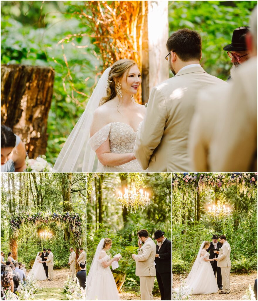 Snohomish Wedding Photographer GSquared Weddings A bride and groom stand together in an outdoor forest wedding ceremony The bride is in a white gown with a veil and the groom wears a light suit They exchange vows under a floral arch with a chandelier Lush greenery surrounds them Serving Seattle Snohomish and Washington State Snohomish Wedding Photographer GSquared Weddings A bride and groom stand together in an outdoor forest wedding ceremony. The bride is in a white gown with a veil, and the groom wears a light suit. They exchange vows under a floral arch with a chandelier. Lush greenery surrounds them. Serving Seattle, Snohomish and Washington State