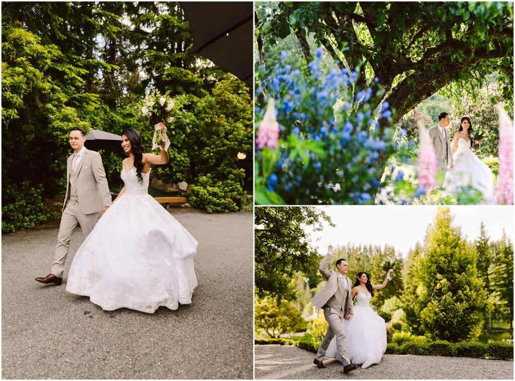 Snohomish wedding photographer gsquared weddings collage of a couple on their wedding day in a lush garden They walk hand in hand on a path with trees and colorful flowers around The bride wears a white gown and the groom is in a beige suit They appear joyful and are dancing in one of the photos Serving seattle snohomish and washington state