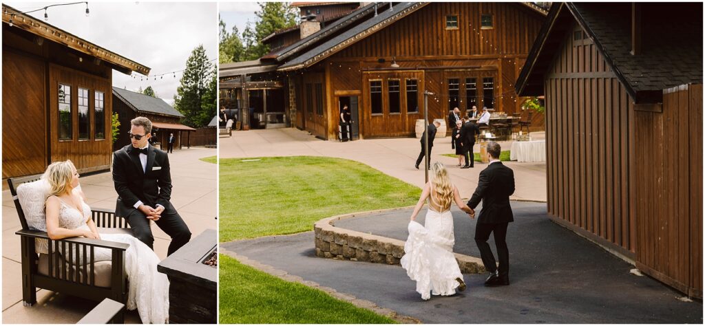 Snohomish wedding photographer gsquared weddings a bride in a white gown and a groom in a black tuxedo are sitting together outdoors on the left On the right they are walking hand in hand toward a wooden building in a spacious area with grass and a paved path Serving seattle snohomish and washington state