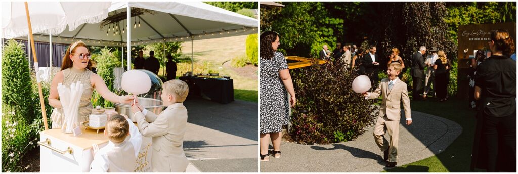 Snohomish wedding photographer gsquared weddings a woman oversees a cotton candy machine as a child in a light suit receives a cotton candy In the background guests mingle outdoors under a tent Another child walks with cotton candy in the sunlit lawn area Serving seattle snohomish and washington state