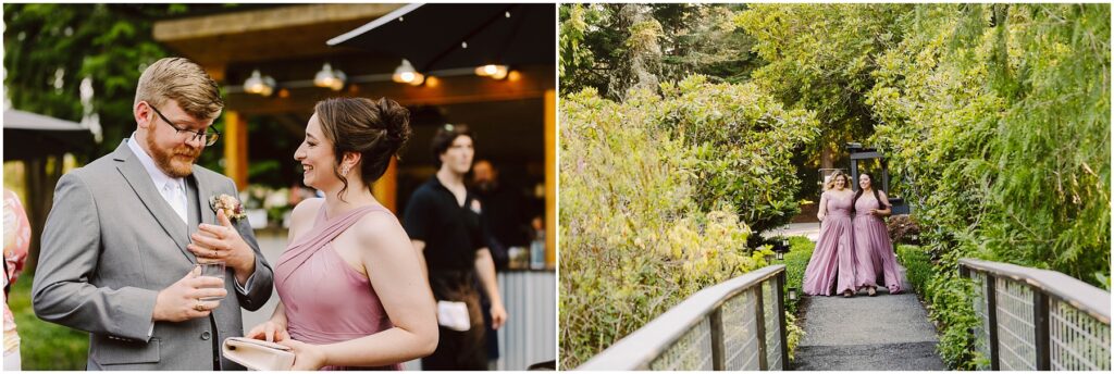Snohomish wedding photographer gsquared weddings two images Left a man in a gray suit with glasses and a woman in a pink dress converse outdoors Right two women in pink dresses walk together on a garden path lined with greenery Serving seattle snohomish and washington state