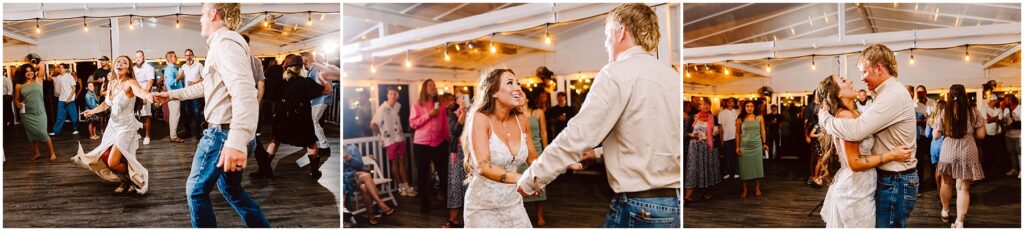 Snohomish wedding photographer gsquared weddings a couple dances joyfully at a wedding reception The bride in a white dress and the groom in a white shirt and jeans are surrounded by other guests on a wooden floor under a tent with string lights Serving seattle snohomish and washington state