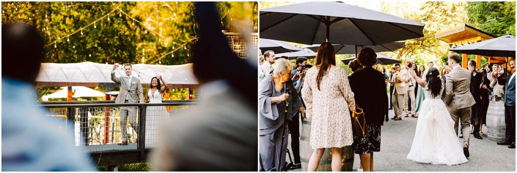 Snohomish wedding photographer gsquared weddings left image a couple possibly newlyweds on a bridge with lit string lights Right image bride and groom walk through a crowd outdoors under umbrellas greeted with smiles Serving seattle snohomish and washington state