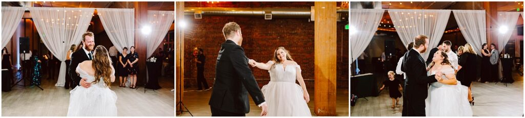 Snohomish wedding photographer gsquared weddings three images show a bride and groom dancing at a wedding reception They dance together under soft warm lighting on a polished wooden floor surrounded by guests and white draped decor Serving seattle snohomish and washington state