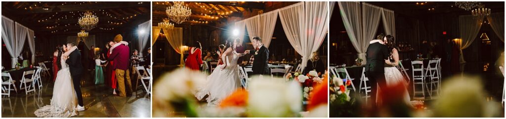 Snohomish wedding photographer gsquared weddings a series of three images capturing a wedding reception The bride and groom share a dance in a warmly lit venue with chandeliers and draped curtains Guests are visible in the background and floral decorations are in the foreground Serving seattle snohomish and washington state