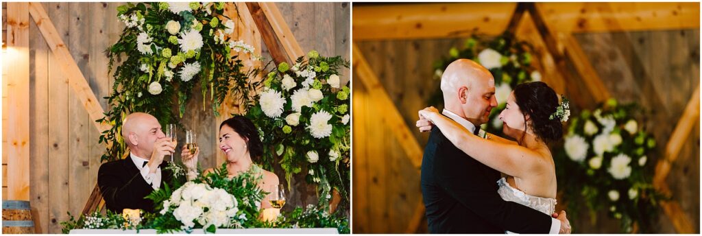 Snohomish wedding photographer gsquared weddings a bride and groom are celebrating their wedding In the first image they toast at a decorated table with white flowers In the second image they embrace each other lovingly in front of a floral backdrop Serving seattle snohomish and washington state