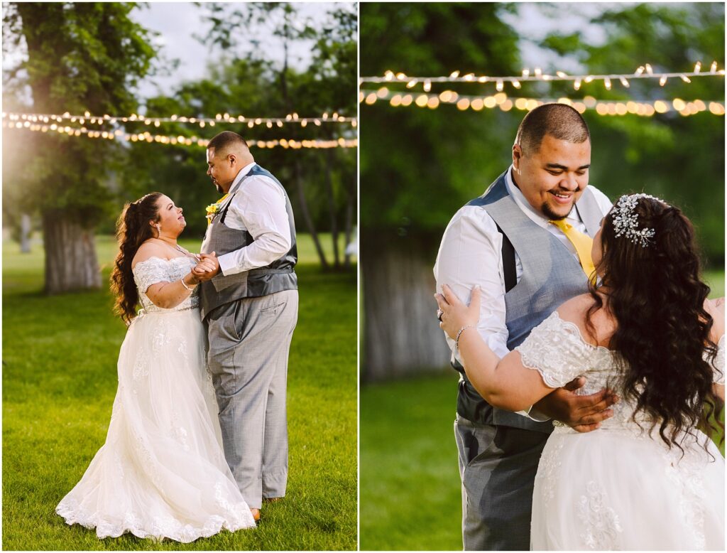 Snohomish wedding photographer gsquared weddings a bride and groom dance outdoors on grass surrounded by string lights The bride wears a white gown with lace details and the groom is in a gray suit with a yellow tie Both are smiling and looking at each other lovingly Trees are in the background Serving seattle snohomish and washington state