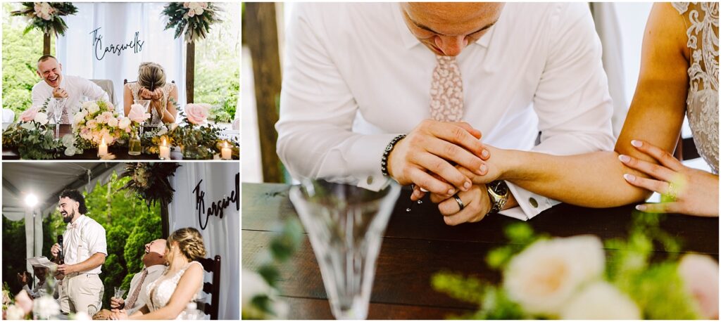 Snohomish wedding photographer gsquared weddings a collage of a wedding reception features a couple sharing an emotional moment a man giving a speech with guests smiling and the couple holding hands at a table adorned with flowers and candles Serving seattle snohomish and washington state