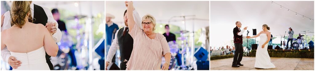 Snohomish wedding photographer gsquared weddings a collage of three images shows a wedding celebration Left a couple dancing Center a smiling woman raising her hand Right a bride and groom dancing under a tent with a band playing in the background Serving seattle snohomish and washington state