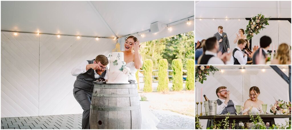 Snohomish wedding photographer gsquared weddings a bride and groom in a white tent Left groom leans into the cake as the bride laughs Top right couple celebrates Bottom right couple sitting at a table smiling Decorations include flowers and lights Serving seattle snohomish and washington state