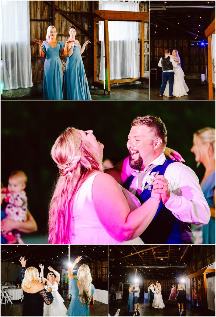 Snohomish wedding photographer gsquared weddings a collage of wedding photos bridesmaids in blue dresses pose playfully The bride and groom joyfully dance under lights Guests including a person holding a baby celebrate on the dance floor in a rustic warmly lit venue Serving seattle snohomish and washington state