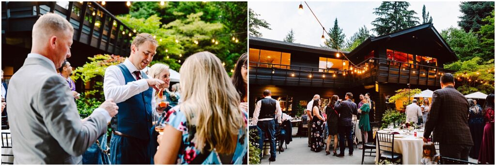 Snohomish wedding photographer gsquared weddings guests enjoying an outdoor wedding reception at dusk with string lights illuminating the area People are mingling and holding drinks while a large wooden house and lush greenery provide a picturesque backdrop Serving seattle snohomish and washington state