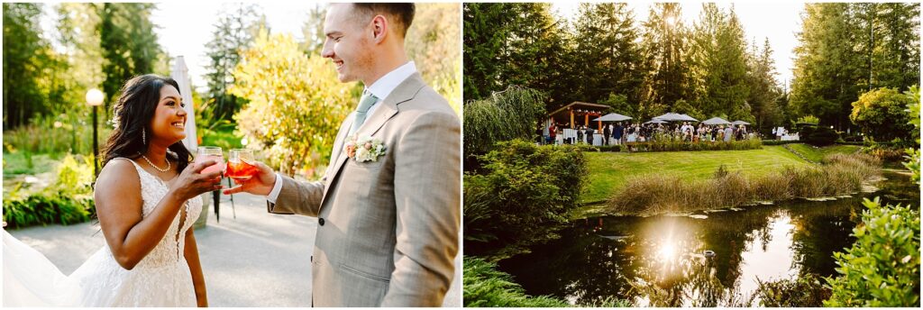 Snohomish wedding photographer gsquared weddings a bride and groom smile while holding drinks in a sunny garden Nearby a pond reflects trees and guests sit under umbrellas at a reception area overlooking the water Serving seattle snohomish and washington state