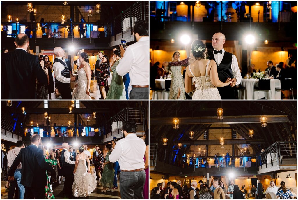 Snohomish wedding photographer gsquared weddings a collage of wedding reception scenes with a bride and groom dancing and guests celebrating The venue has warm lighting exposed beams and elegant decor People are dressed in formal attire and the atmosphere is joyful and festive Serving seattle snohomish and washington state