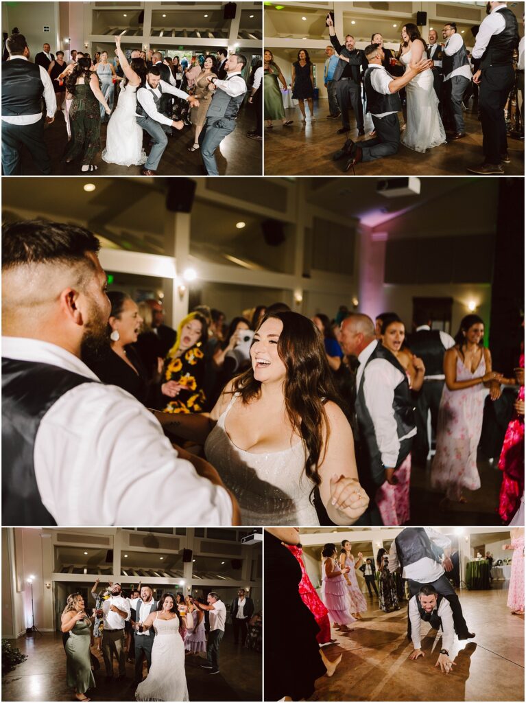 Snohomish wedding photographer gsquared weddings a lively wedding reception with guests dancing energetically The bride and groom are on the dance floor surrounded by friends and family Some are clapping while others dance and laugh The atmosphere is joyful and celebratory Serving seattle snohomish and washington state