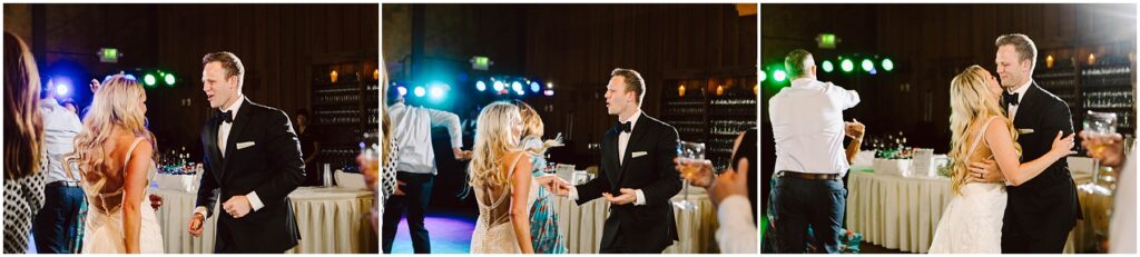 Snohomish wedding photographer gsquared weddings three images show a couple dancing at a wedding reception The man is wearing a dark suit and the woman is in a white dress They are surrounded by colorful lights and guests in the background Serving seattle snohomish and washington state