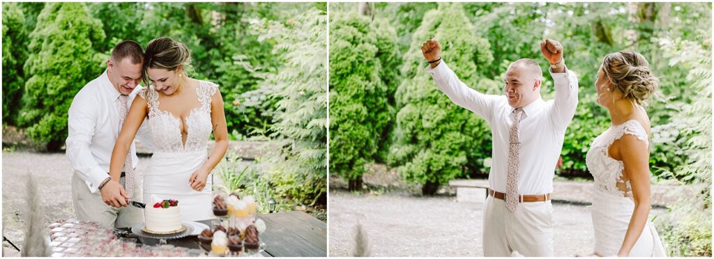 Snohomish wedding photographer gsquared weddings a couple in wedding attire cuts a small white cake outdoors surrounded by greenery The groom cheers joyfully while the bride smiles They both wear formal white outfits Serving seattle snohomish and washington state