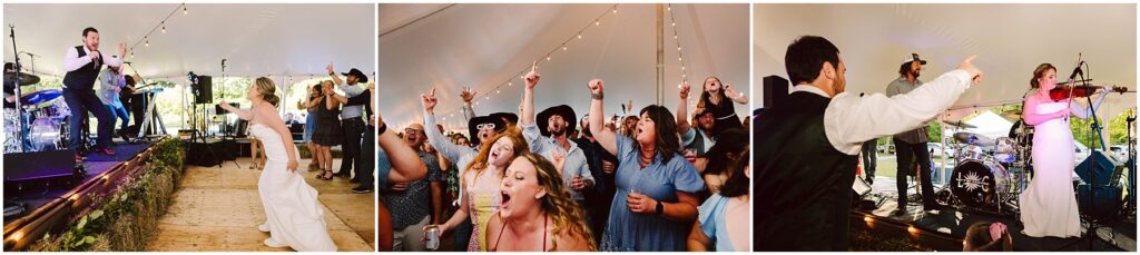 Snohomish wedding photographer gsquared weddings a bride and groom celebrate on stage with a live band at a lively wedding reception under a tent The groom dances and sings with the band while guests enthusiastically cheer and dance The bride plays the violin alongside the musicians Serving seattle snohomish and washington state