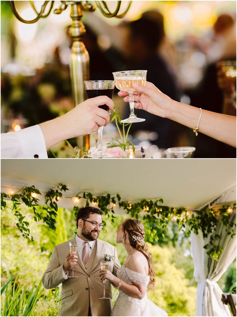 Snohomish wedding photographer gsquared weddings two panel image top shows a close up of two people clinking a champagne flute and a wine glass Bottom shows a couple smiling and holding drinks dressed in wedding attire standing under greenery and lights Serving seattle snohomish and washington state