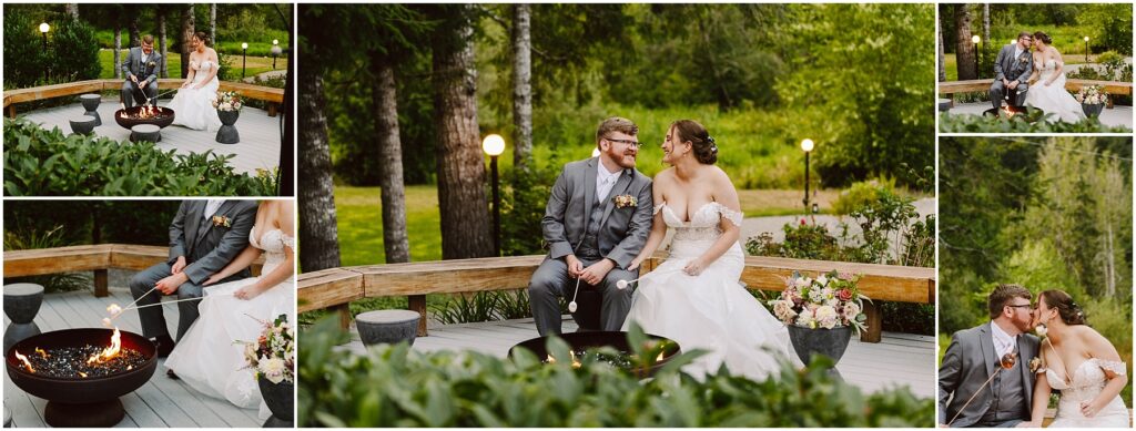 Snohomish wedding photographer gsquared weddings collage of a couple sitting by a firepit on a wooden deck surrounded by greenery They are dressed in formal wedding attire The images capture moments of laughter conversation and roasting marshmallows Serving seattle snohomish and washington state