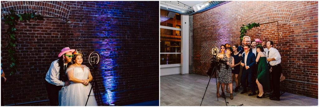Snohomish wedding photographer gsquared weddings two side by side photos of people posing with a photo booth camera in a brick walled room On the left a couple stands under a greenery arch on the right a group poses together smiling Both scenes feature colorful lighting Serving seattle snohomish and washington state